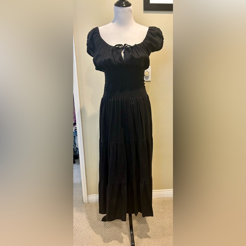Black cotton maxi peasant dress with lurex